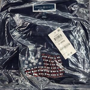 NWT Karen Scott XL Intrepid blue shirt American Flag shape in bling rhinestones